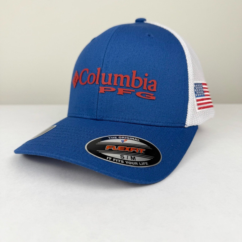 NWT Columbia PFG Hat Cap Professional Fishing Gear S/M Flexfit Flag Blue White